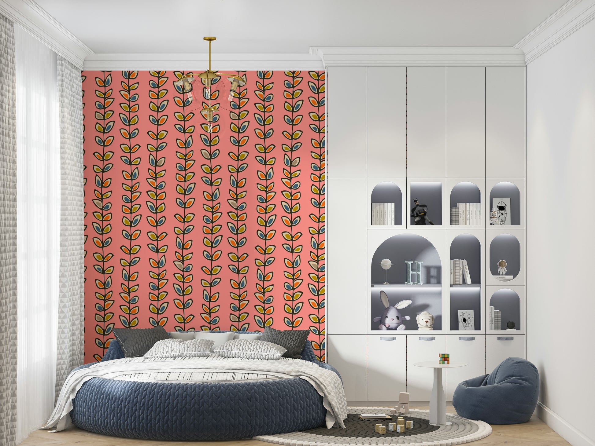 Pink wallpaper showcasing repeating retro leaf motifs climbing upward in tidy botanical stripes.