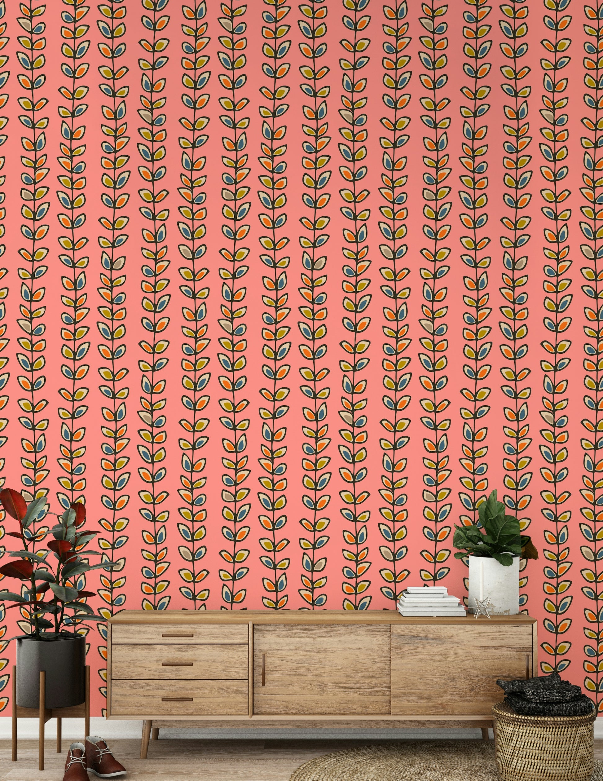 A pink retro leaves wallpaper featuring vertical climbing vines with colorful hand-drawn leaves.