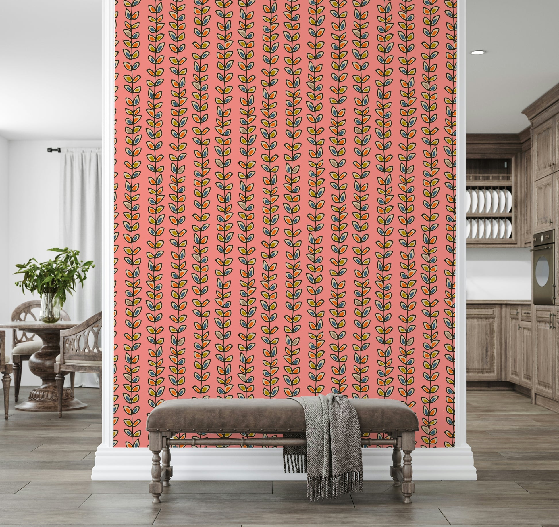 A vibrant wallpaper with whimsical retro vines arranged in evenly spaced stripes on pink.