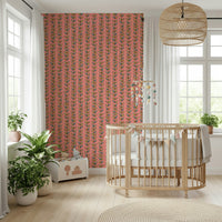 Vertical botanical stripes with outlined retro leaves adding charm to a soft pink wallpaper design.