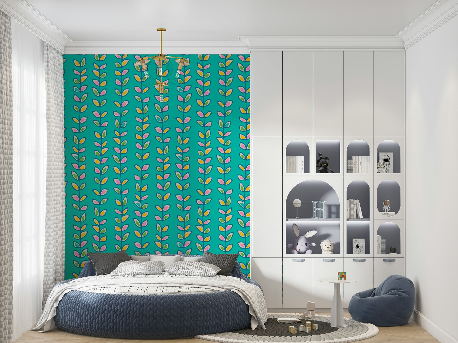Vertical climbing vines with whimsical retro leaf shapes enhancing the playful turquoise wallpaper.