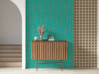 A turquoise background wallpaper featuring multicolored retro leaves rising along slender vine lines.