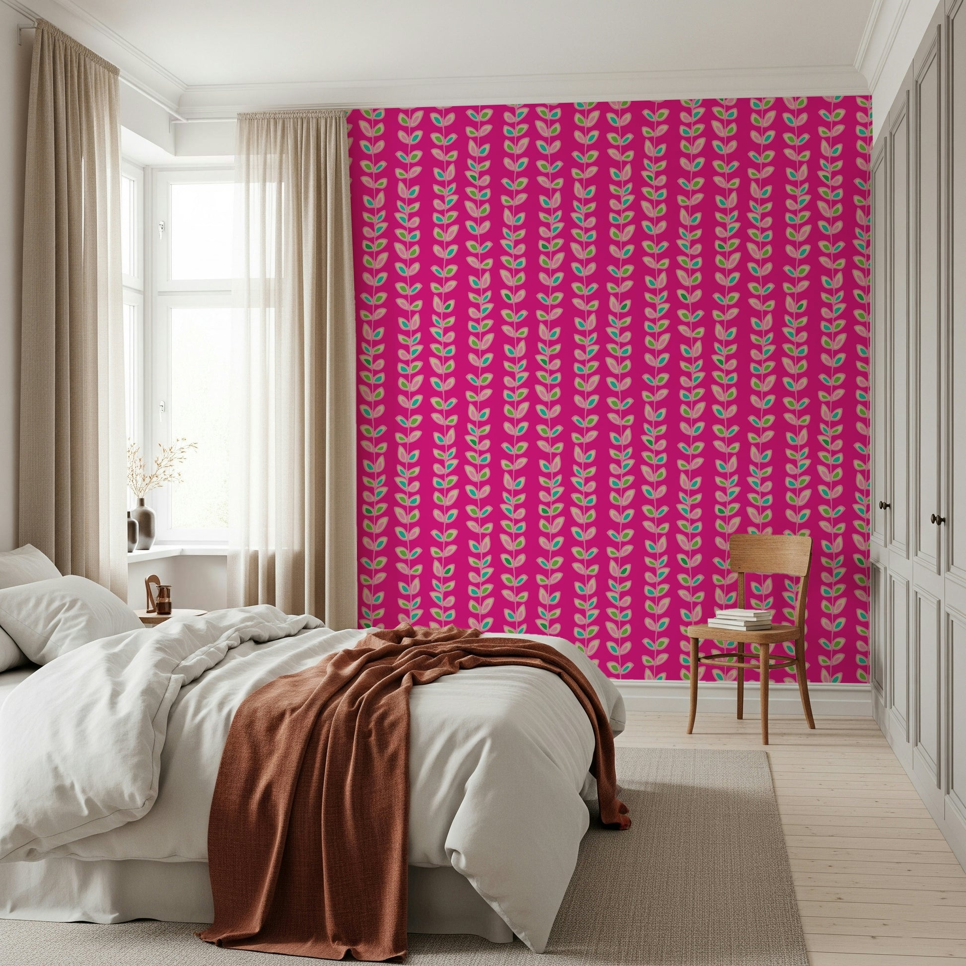 A vibrant fuchsia pink wallpaper featuring retro climbing vines with colorful outlined leaf patterns.