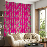 Vertical retro vines with playful multicolored leaves creating a bright and energetic fuchsia wallpaper.