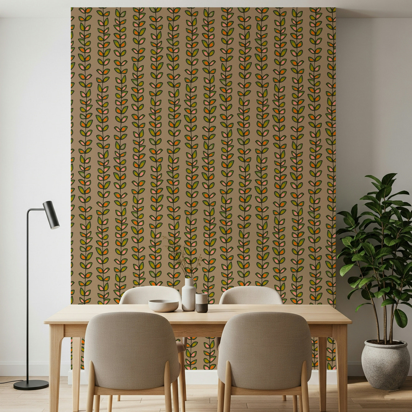 A warm beige wallpaper featuring vertical climbing vines with retro-style green and orange leaves.
