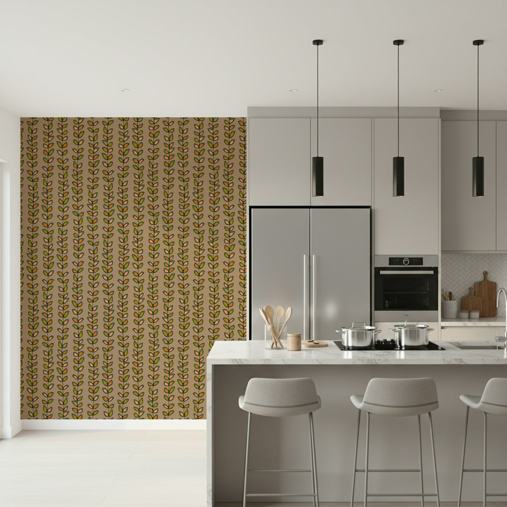 Striped vine patterns with outlined leaves in earthy tones creating a vintage-inspired wallpaper.