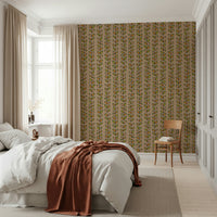 Vertical vine stripes with outlined retro leaves adding a nostalgic look to the warm beige wallpaper.