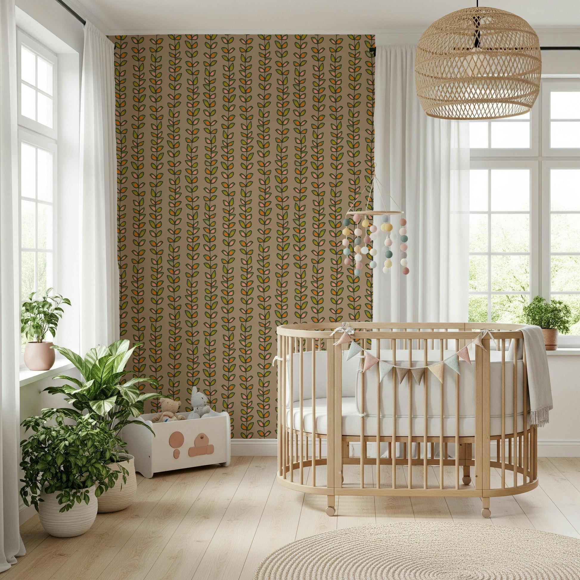 Vintage-style beige wallpaper with repeated vine lines filled with green and orange retro leaves.