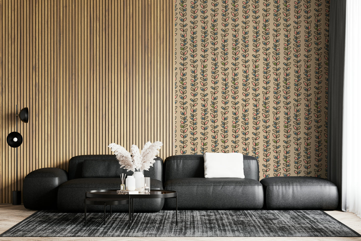 Colorful leaf designs arranged along climbing vine stripes giving the wallpaper a vintage charm.