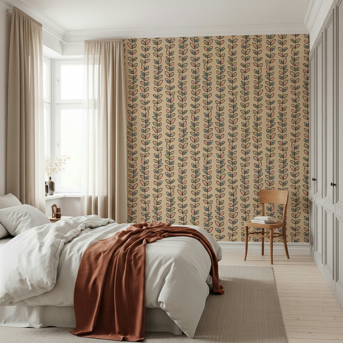 A patterned wallpaper with stylized retro leaves arranged on slender vine-like stripes.