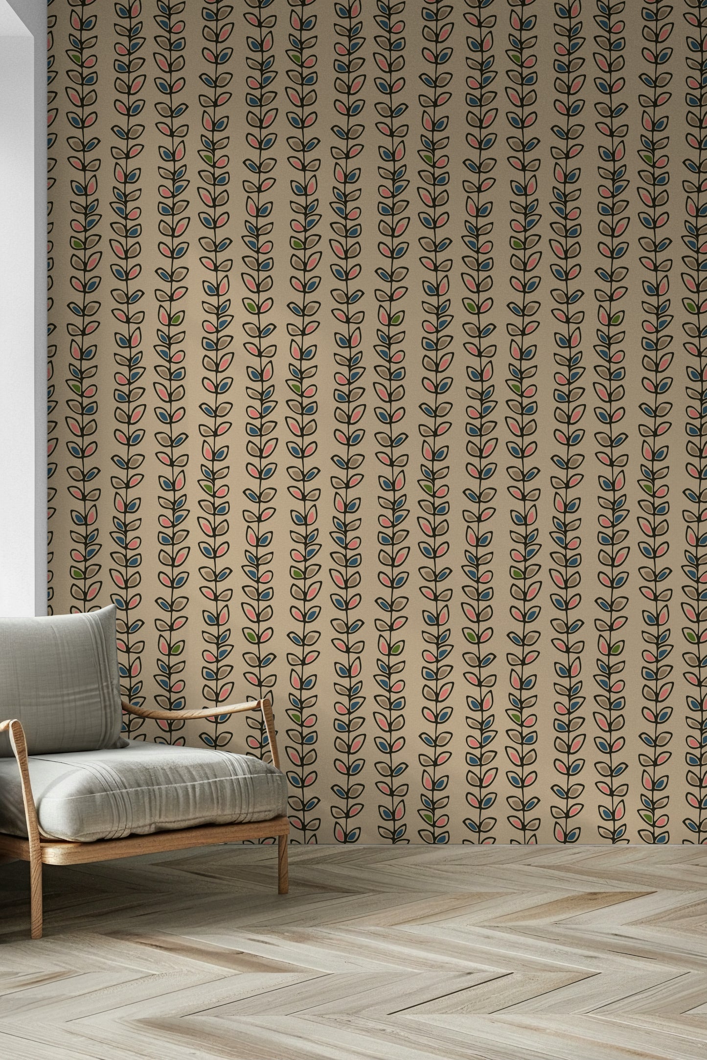 Cream-toned wallpaper featuring hand-drawn leaves climbing upward in neat vertical stripes.