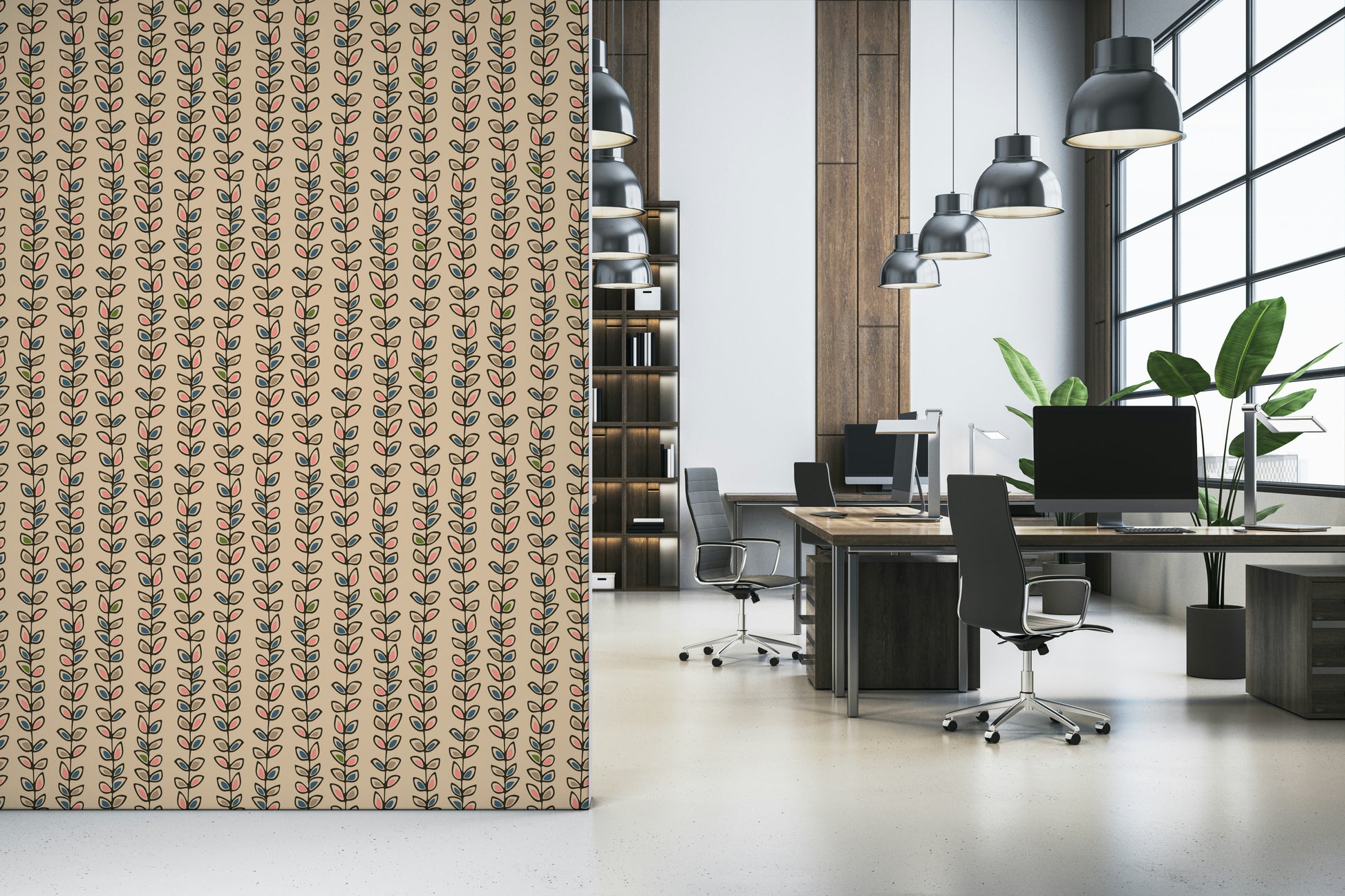 A cream wallpaper decorated with repeating vertical vines and bold outlined retro-style leaves.