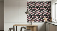 Pink mineral clusters arranged in an intricate agate-pattern wallpaper.