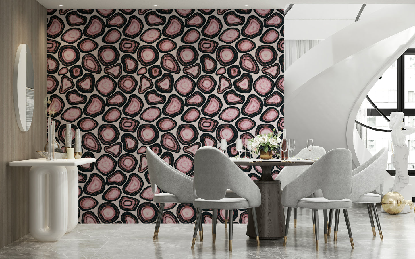 A gemstone wallpaper showcasing swirling pink agate slices with textured layers.