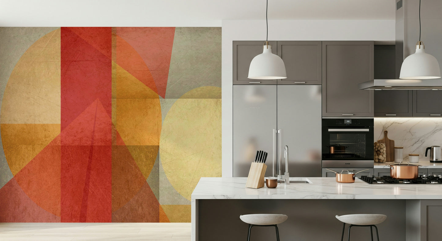 Modern geometric wallpaper featuring layered translucent shapes in red, gold, and terracotta hues.
