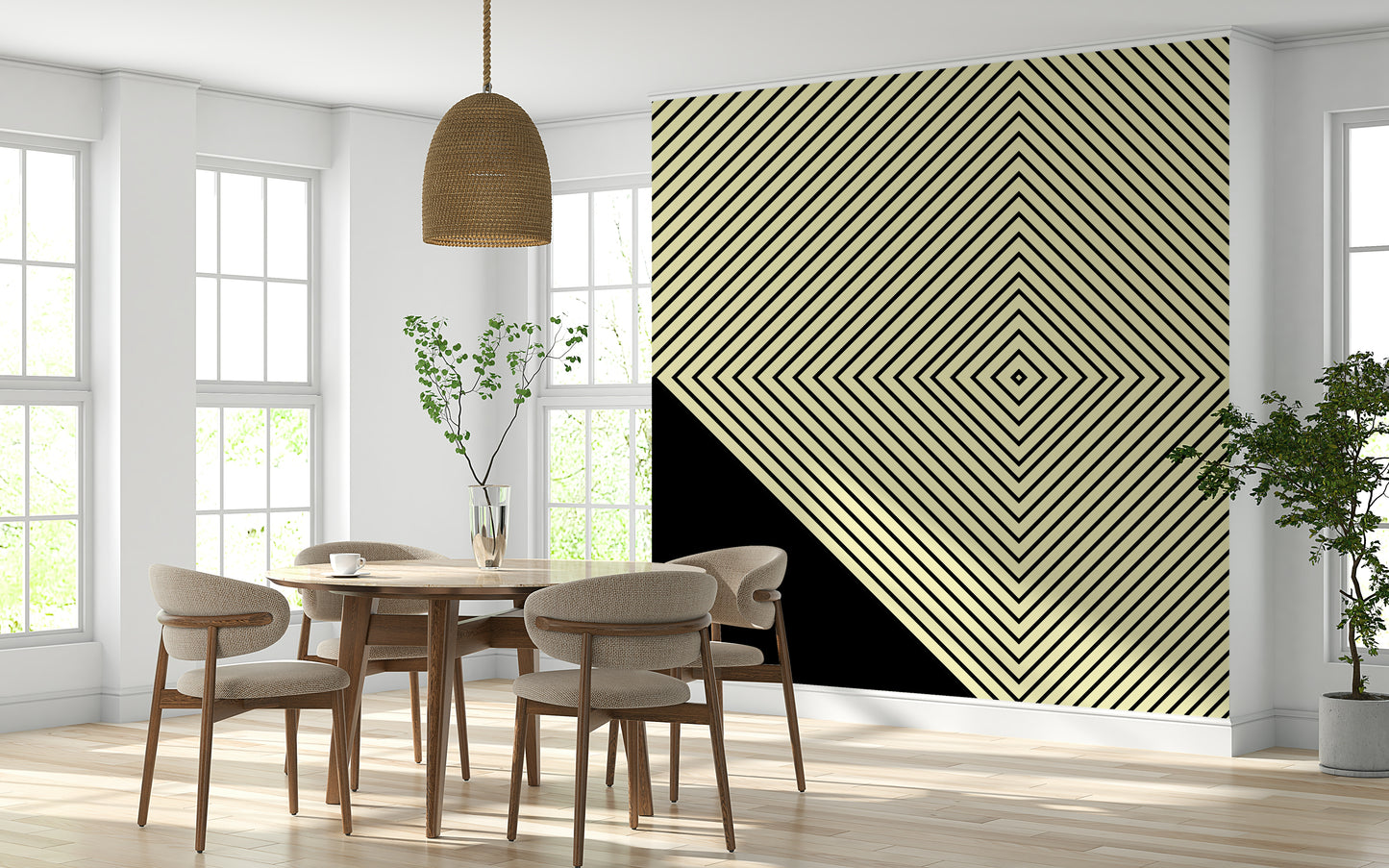 A geometric peak wallpaper with tightly spaced diagonal lines creating a dramatic visual center.