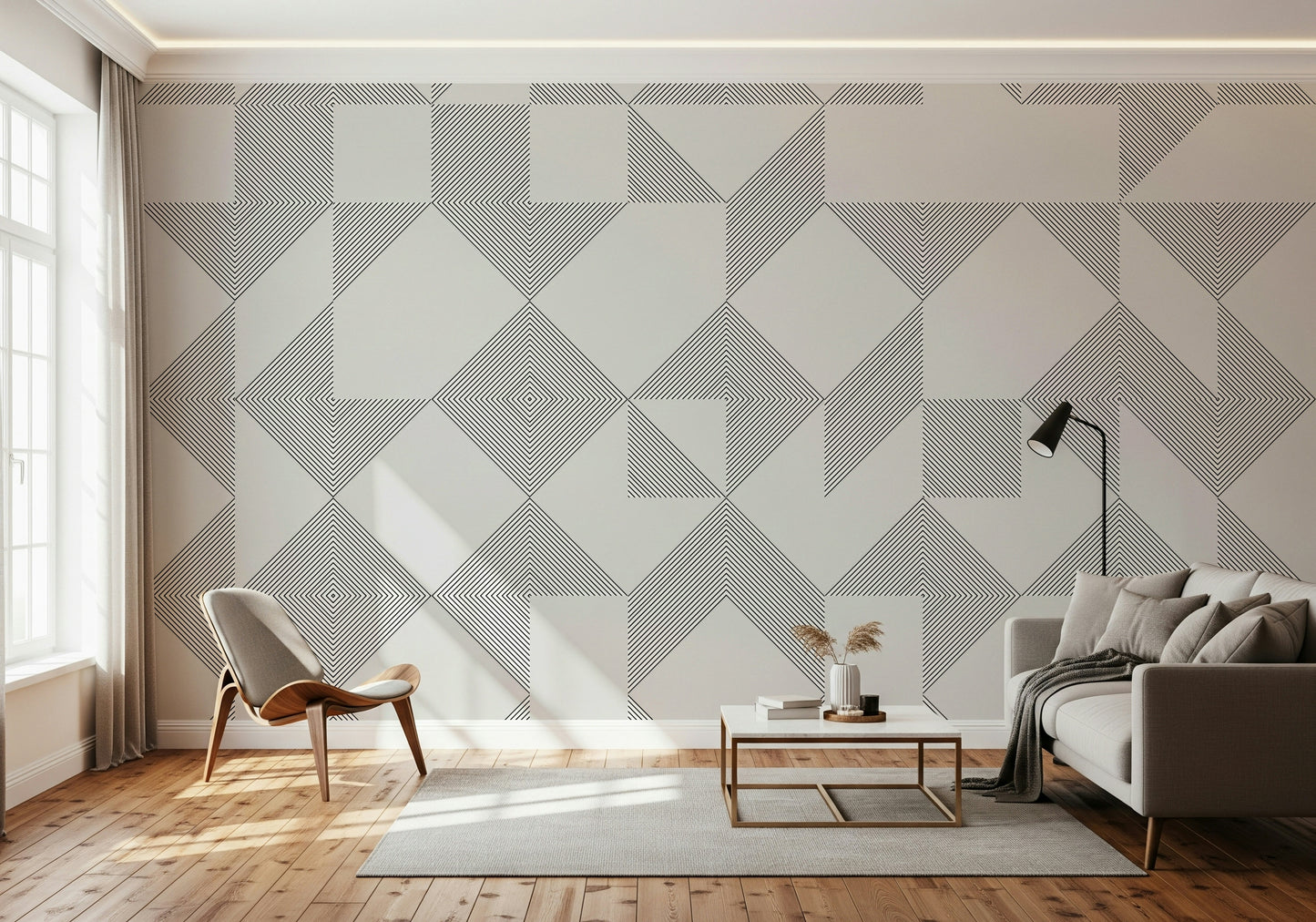 A modern line art wallpaper with repeating geometric blocks in a clean monochrome style.