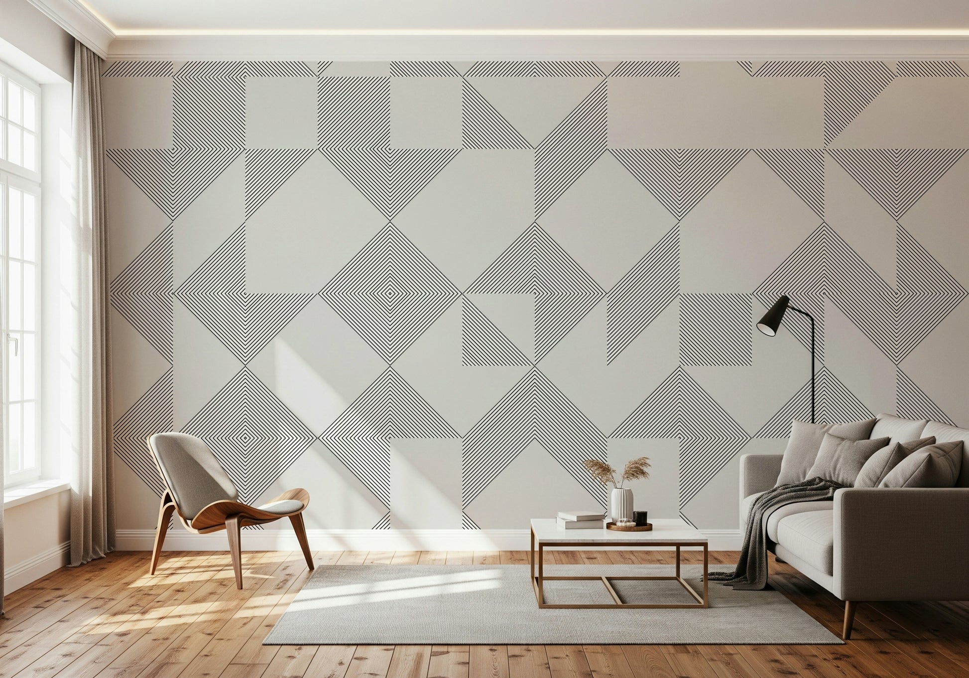 A modern line art wallpaper with repeating geometric blocks in a clean monochrome style.