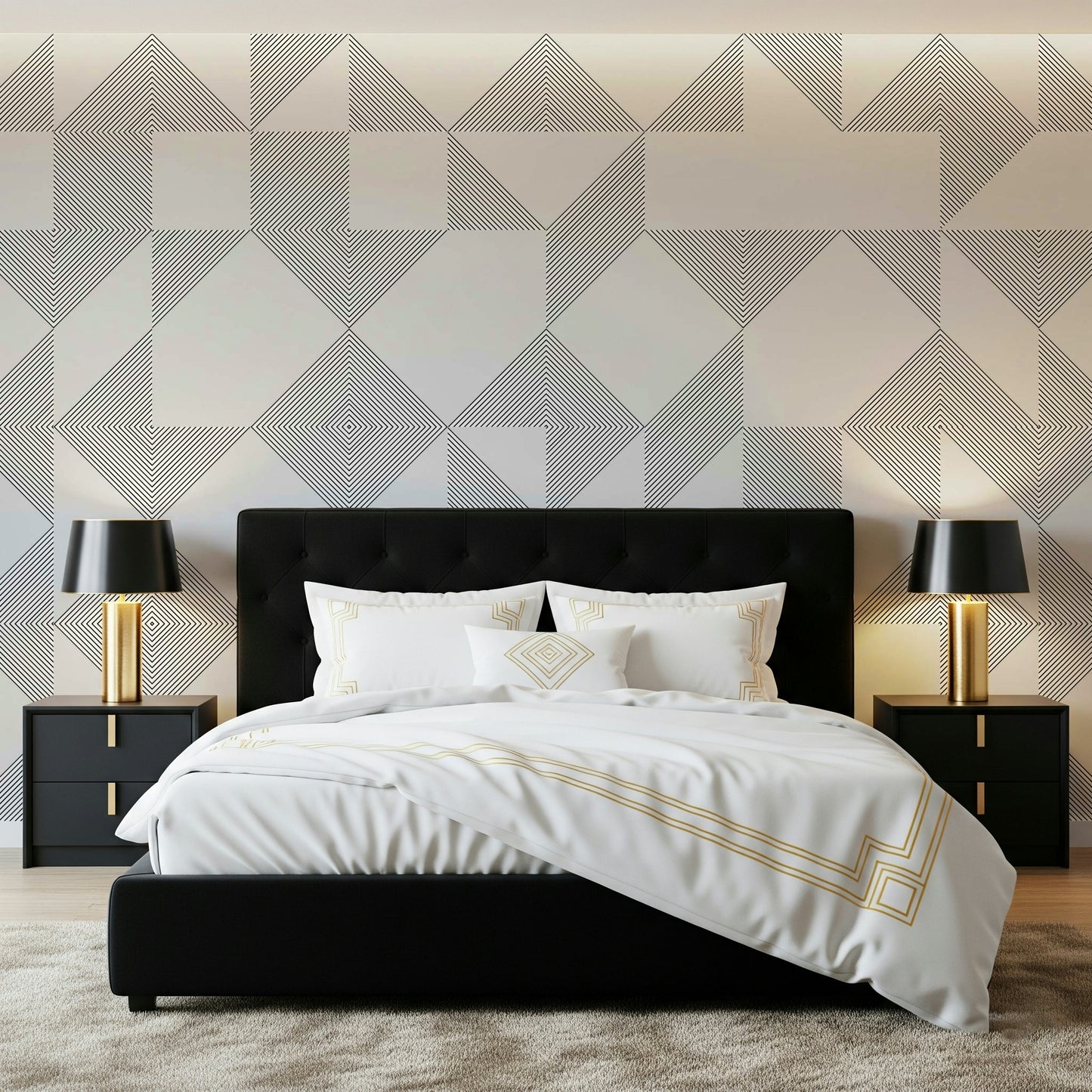 Abstract line-block shapes arranged in a balanced geometric pattern for a minimalist wallpaper look.