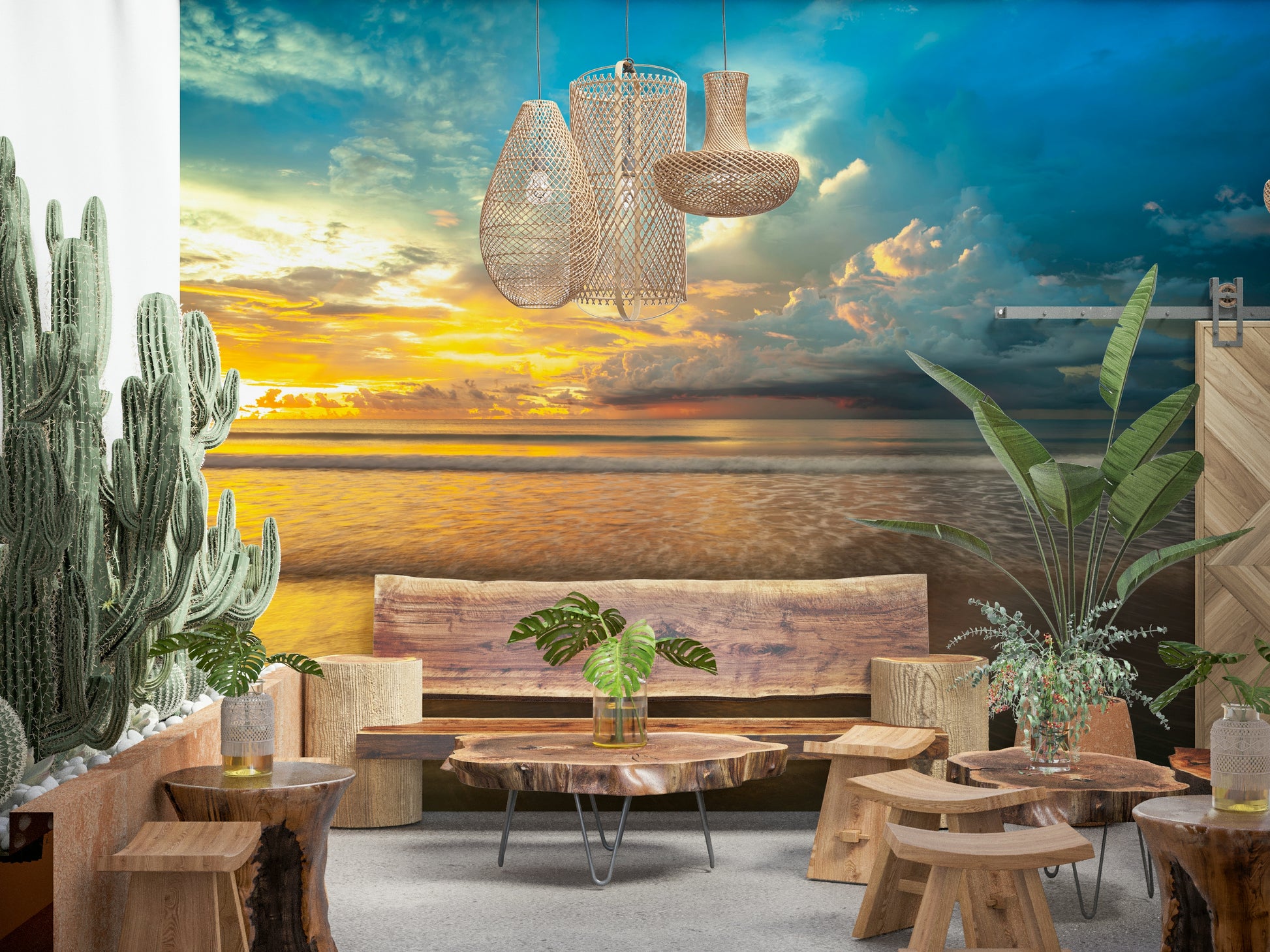 Golden sunlight reflecting on wet sand beneath dramatic clouds in a peaceful Borneo Beach wallpaper.