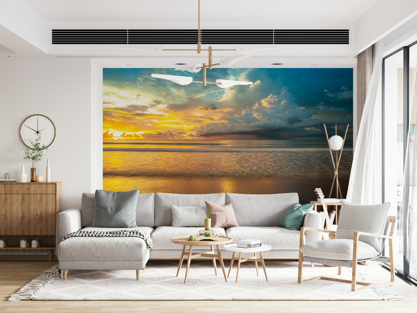 Lush coastal clouds and warm sunset tones illuminating the sea in a soothing Borneo Beach wallpaper.