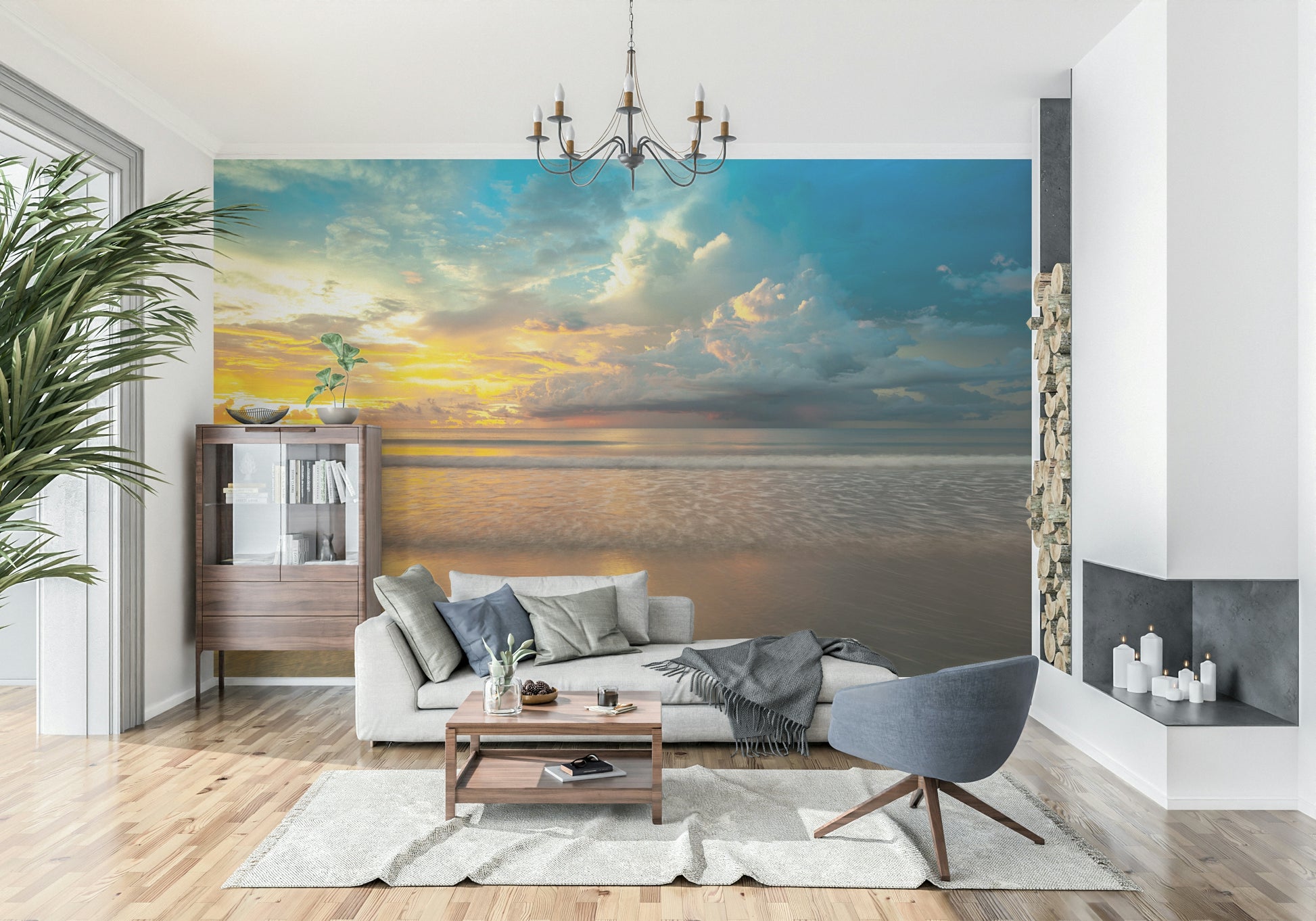 A tropical sunset with still waters and lush evening clouds captured in the Borneo Beach wallpaper.