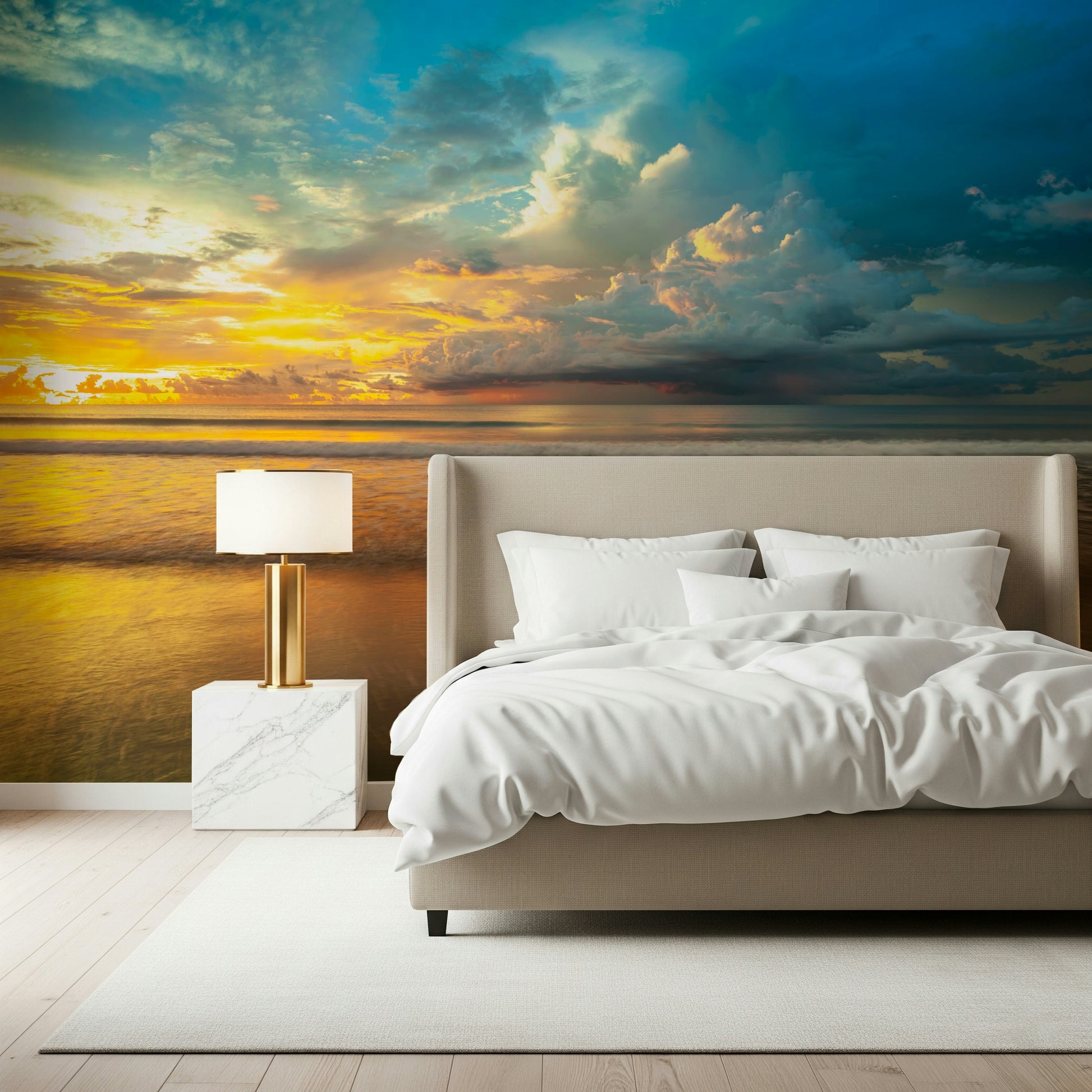 Radiant golden and blue gradients painting the sky over a peaceful tide in this Borneo Beach wallpaper.