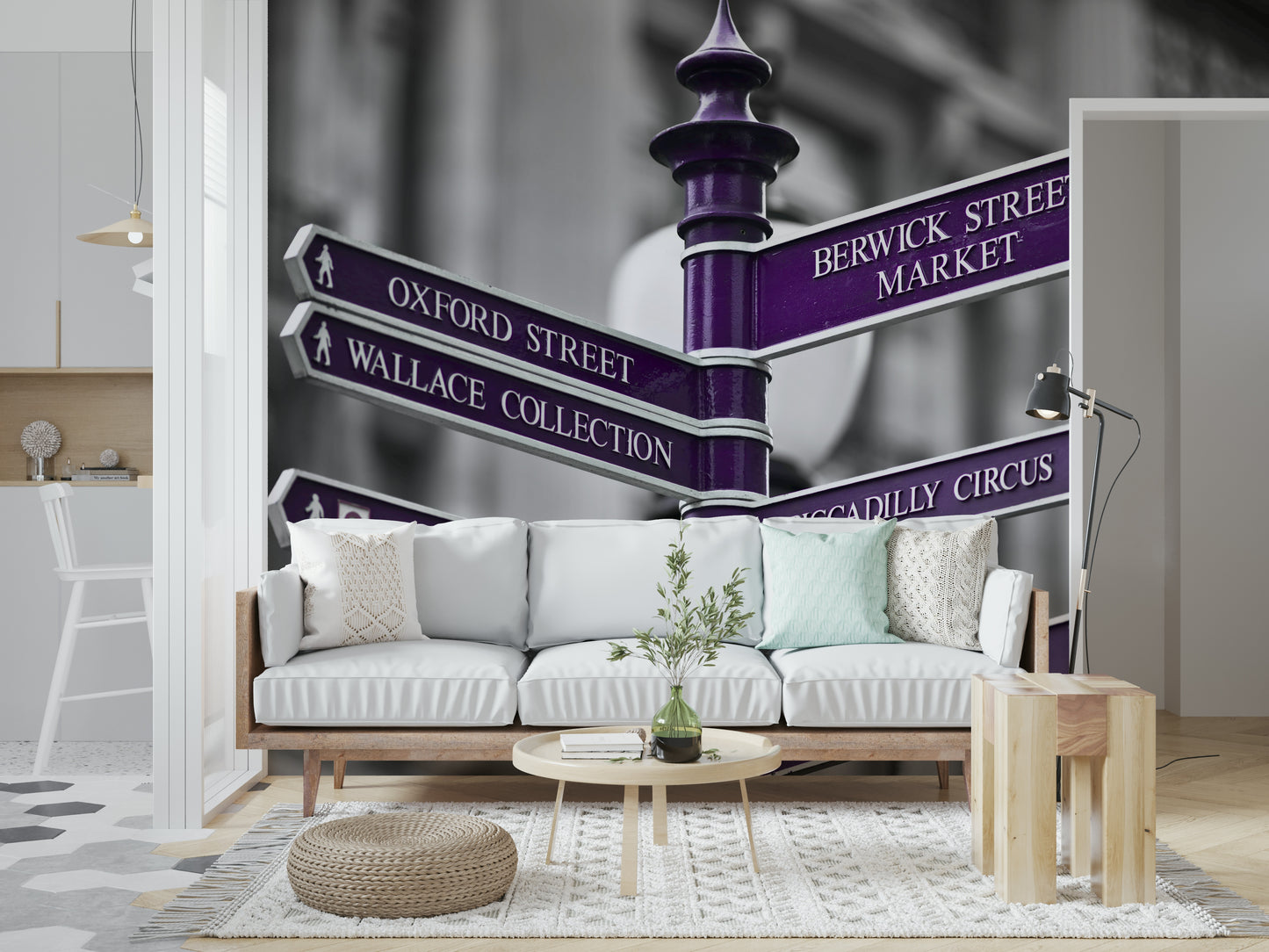 A travel-inspired wallpaper showing London street signs in bold purple, adding a metropolitan flair to the space.
