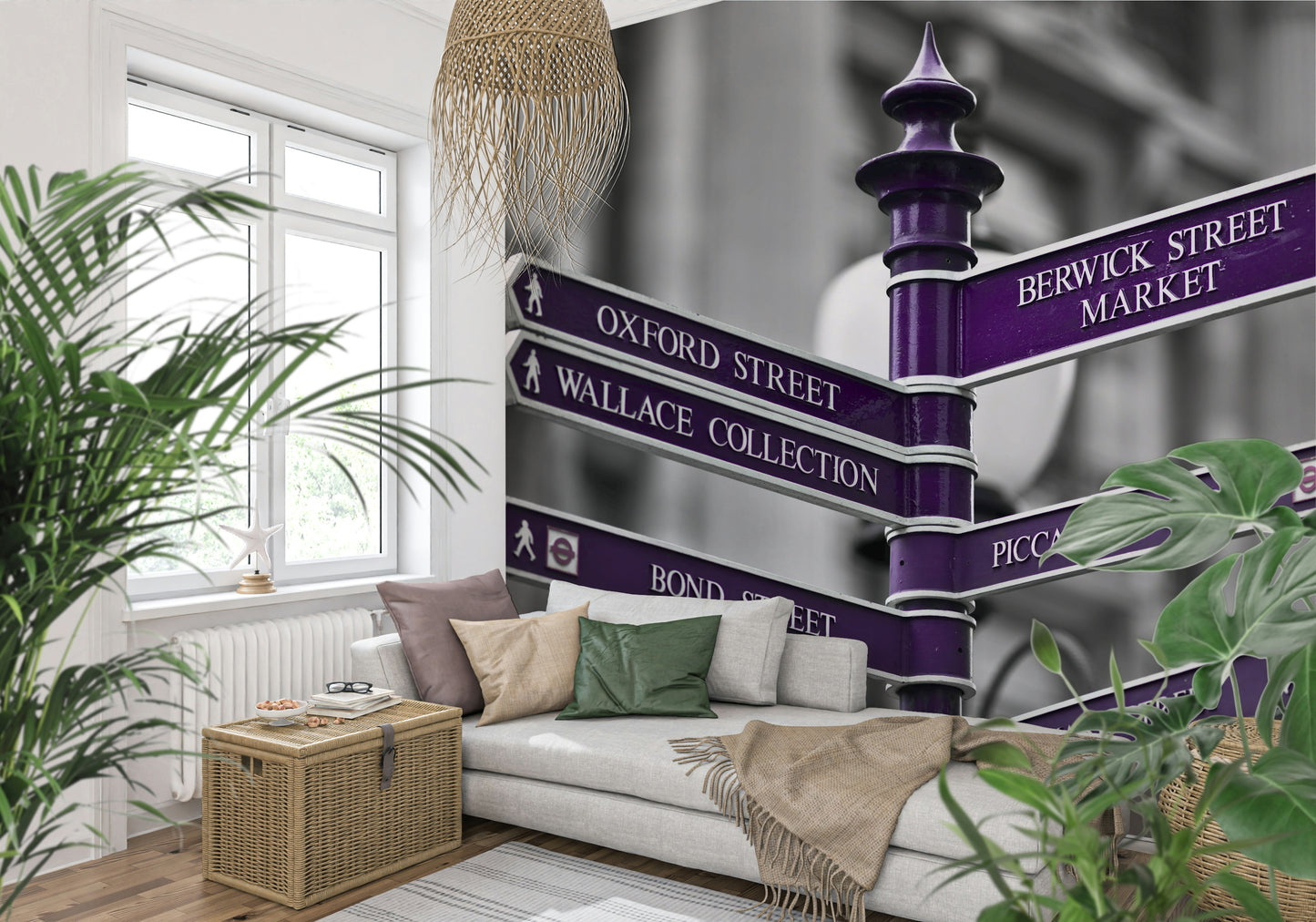 This wallpaper features a bold Oxford Circus signpost with vibrant purple directional boards against a blurred city backdrop.