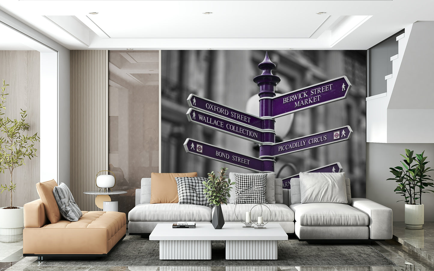 A contemporary wallpaper featuring purple directional signs pointing to famous London streets and landmarks.