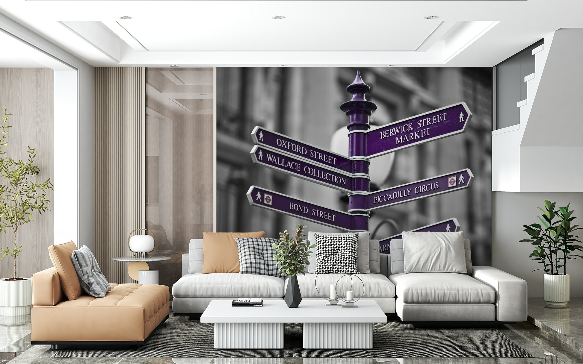A contemporary wallpaper featuring purple directional signs pointing to famous London streets and landmarks.