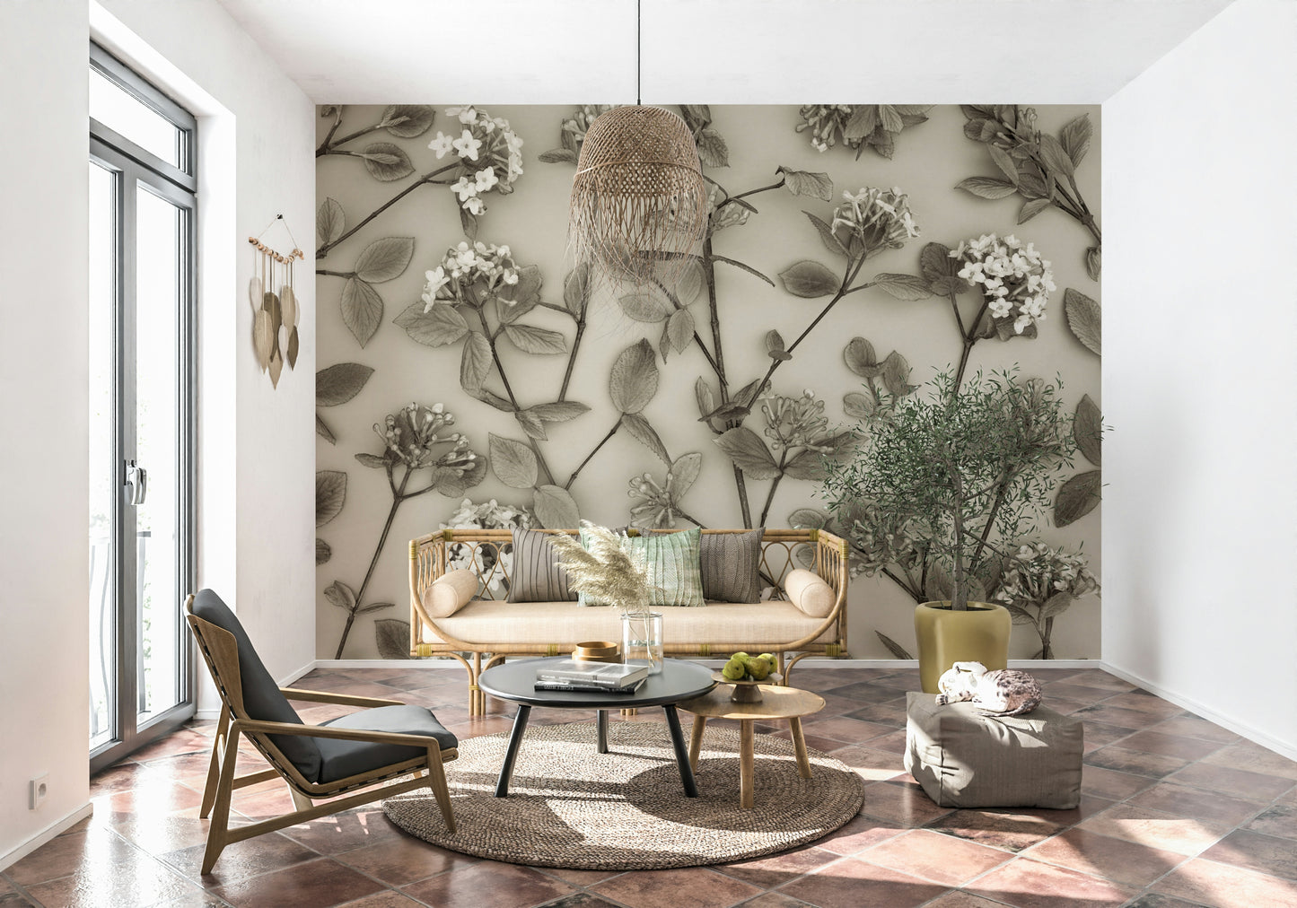 The wallpaper highlights intricate spring flowers arranged on slender stems against a warm background.