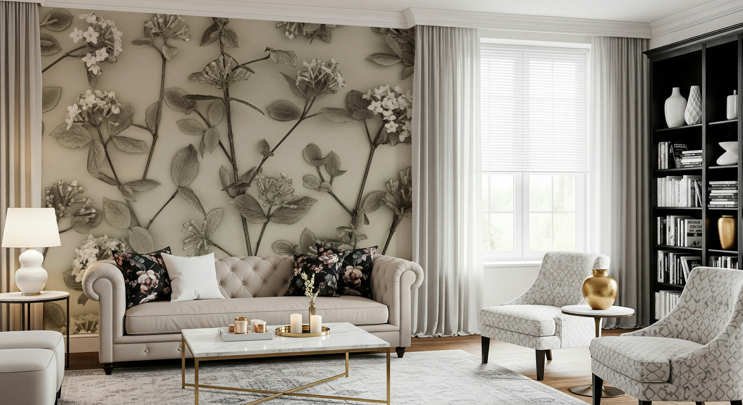 A botanical wallpaper displaying graceful blossoms and leaves illustrated in refined, neutral hues.