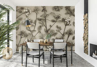 The wallpaper captures gentle spring flowers with detailed leaves for a timeless botanical appeal.