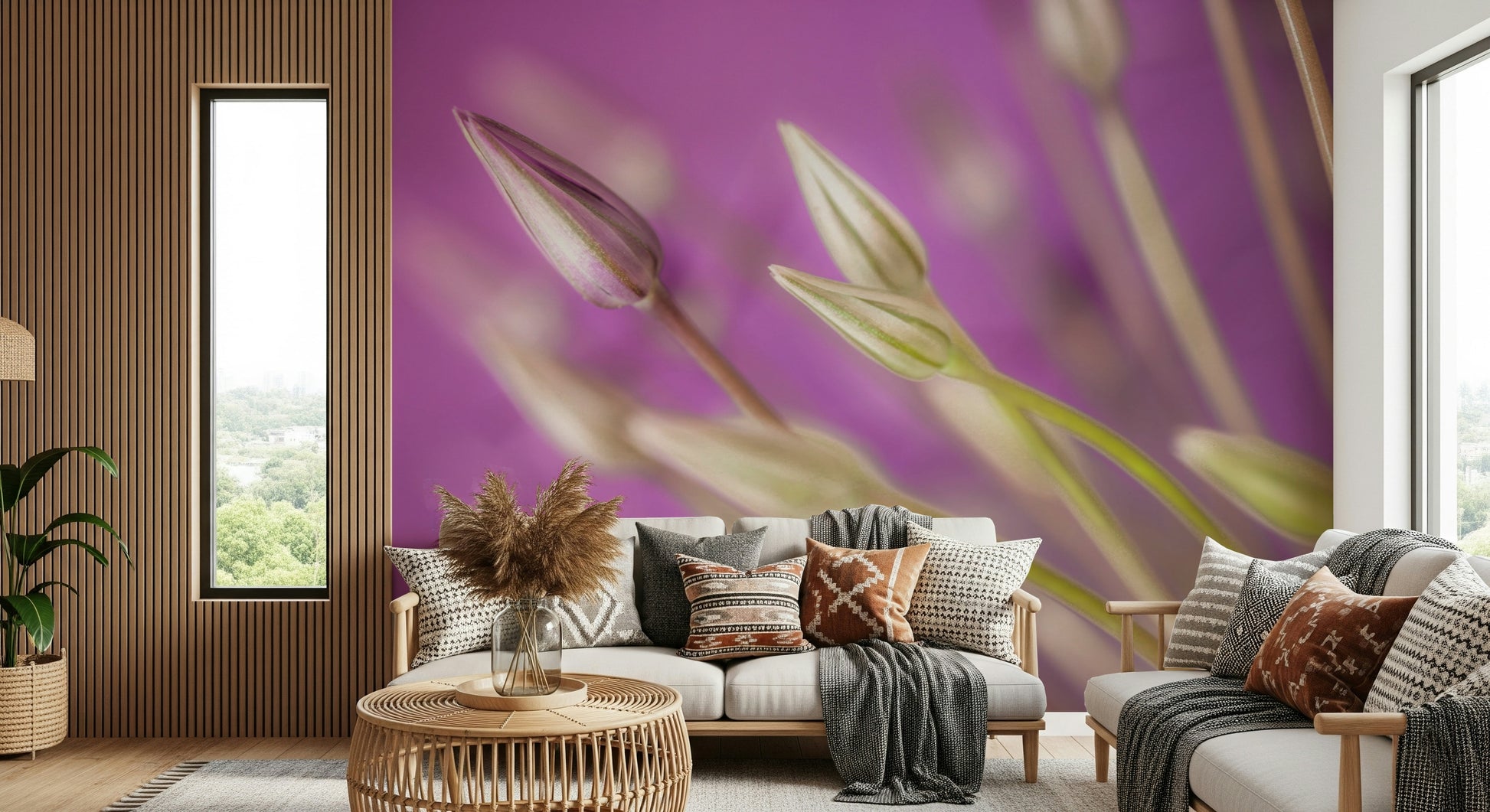 A soothing wallpaper featuring soft-focus allium buds in harmonious purple and green shades.
