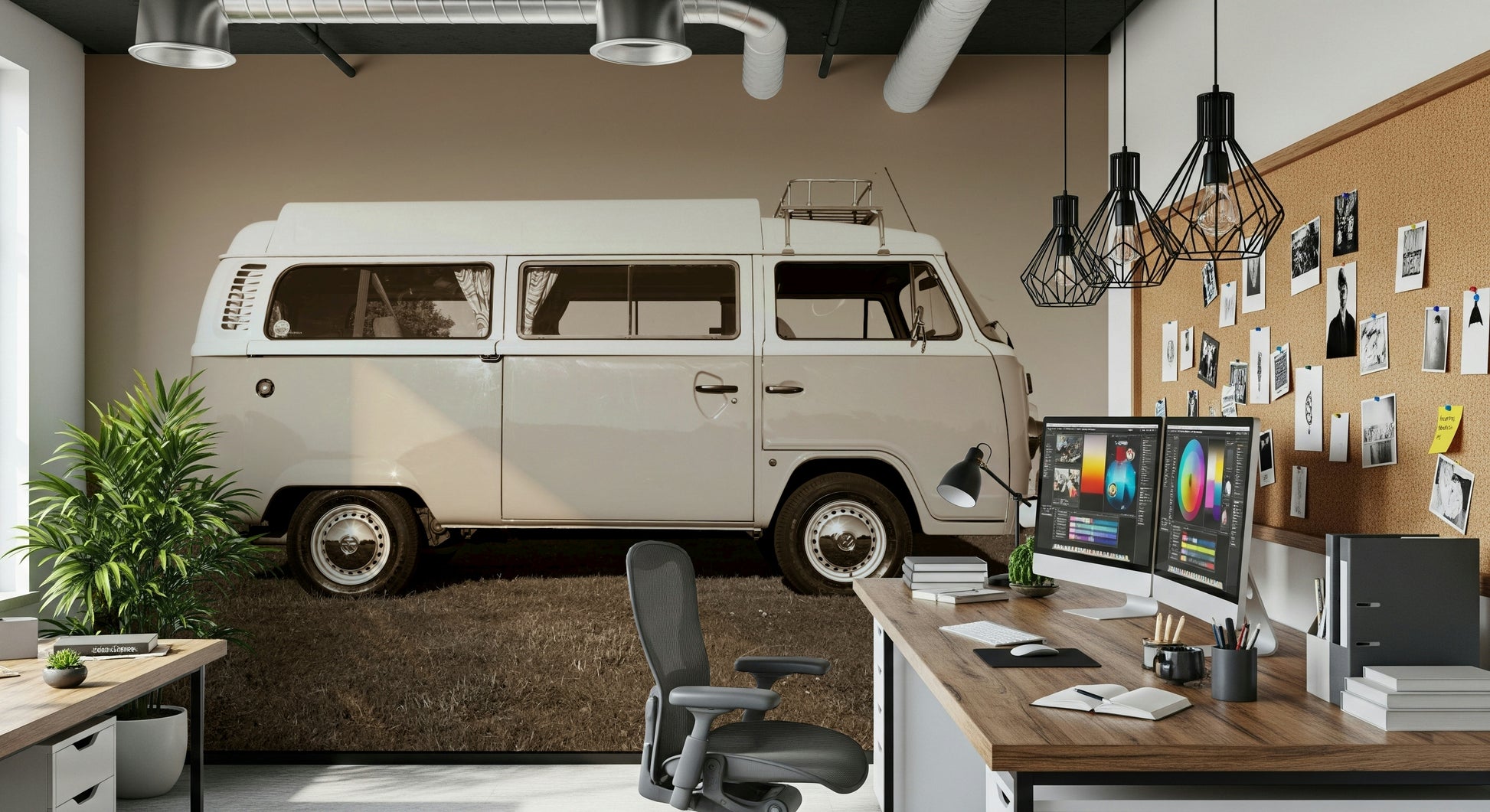 The wallpaper displays a stylish vintage camper van that adds a timeless travel aesthetic to any space.