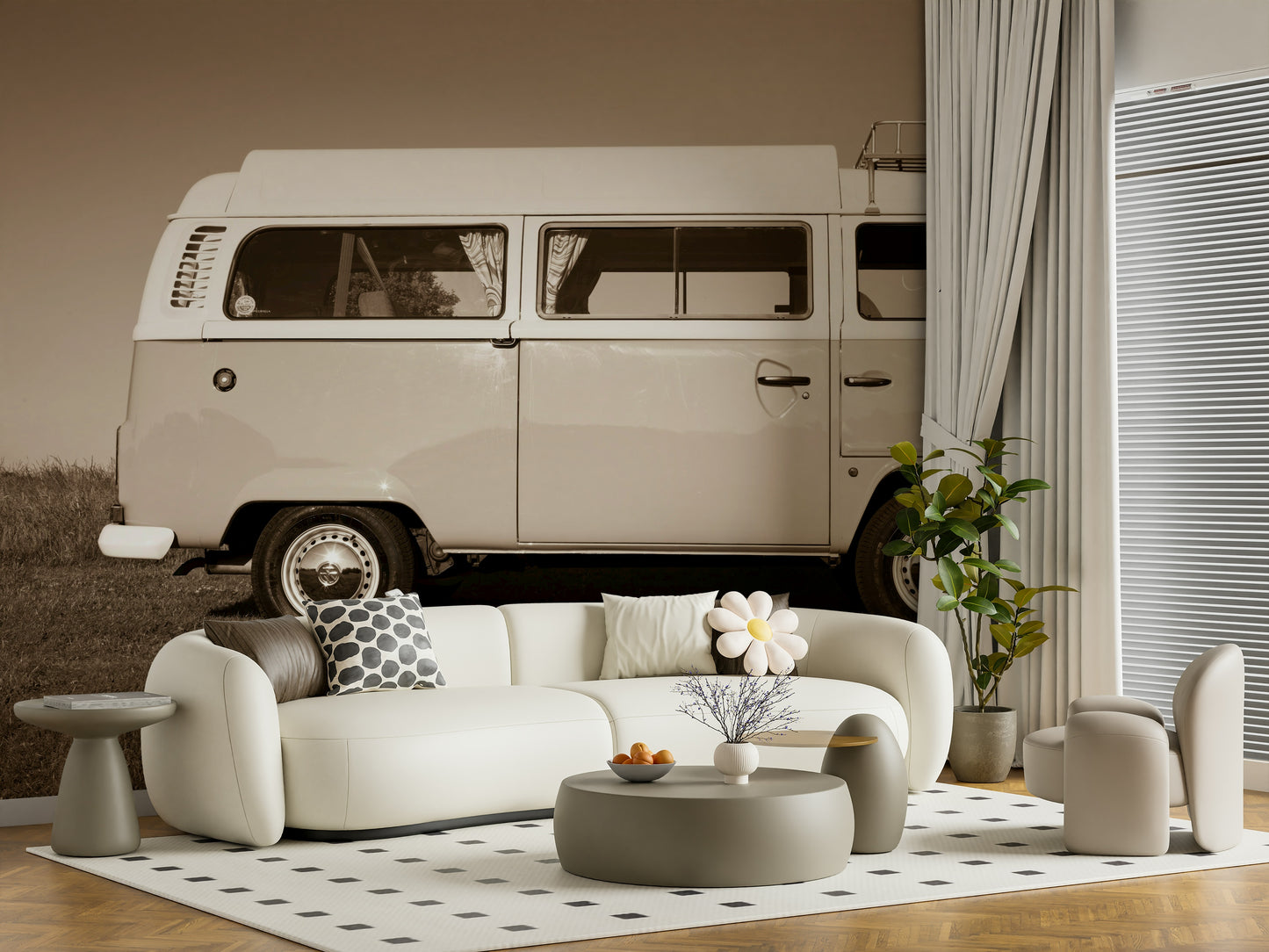 A sepia-style wallpaper showcasing a vintage camper van for a cozy, nostalgic atmosphere.