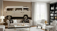 A retro wallpaper showcasing a vintage camper van parked on grass under soft, warm light.
