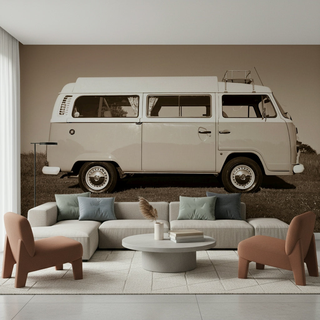 A charming wallpaper with a vintage camper van illustrated in muted sepia shades for a nostalgic feel.