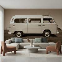 A charming wallpaper with a vintage camper van illustrated in muted sepia shades for a nostalgic feel.