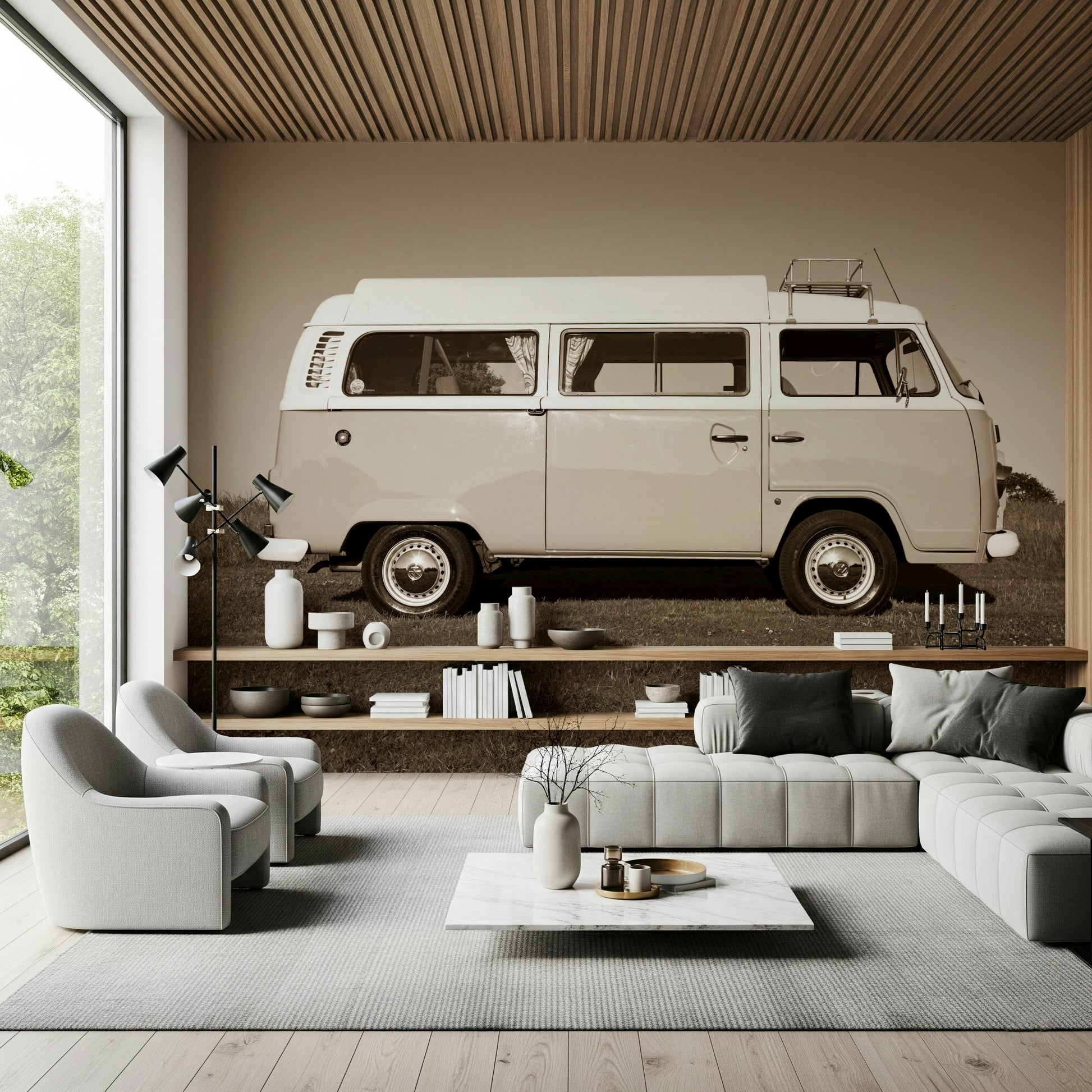 This wallpaper presents a vintage camper van in a minimalist setting, adding a retro focal point to the wall.