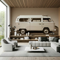 This wallpaper presents a vintage camper van in a minimalist setting, adding a retro focal point to the wall.
