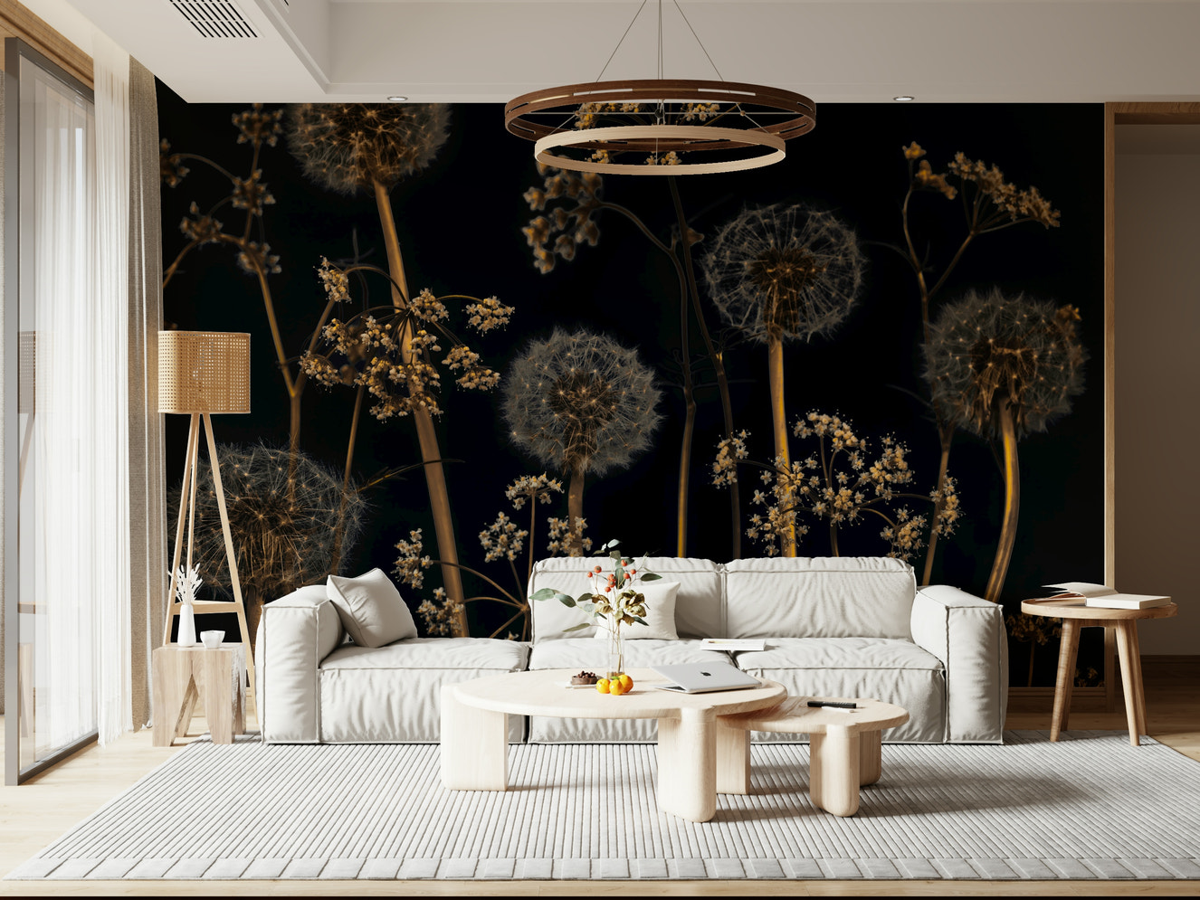 Botanical wallpaper showcasing airy wildflowers and dandelion seed heads in golden earthy tones.