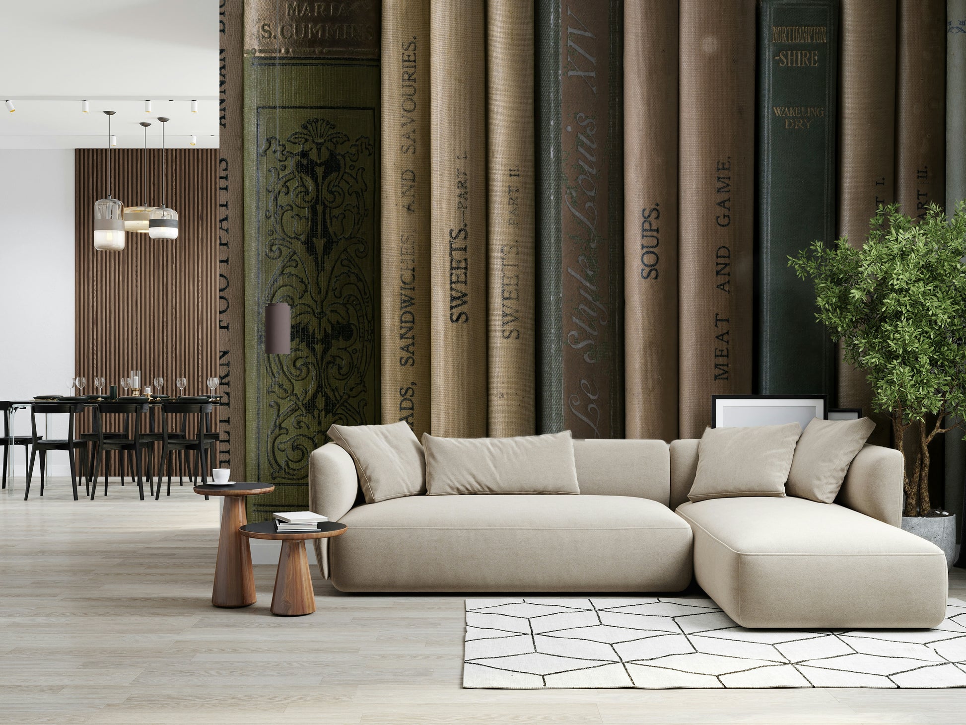 Artistic wall mural of antique book spines arranged in a tight vertical row.