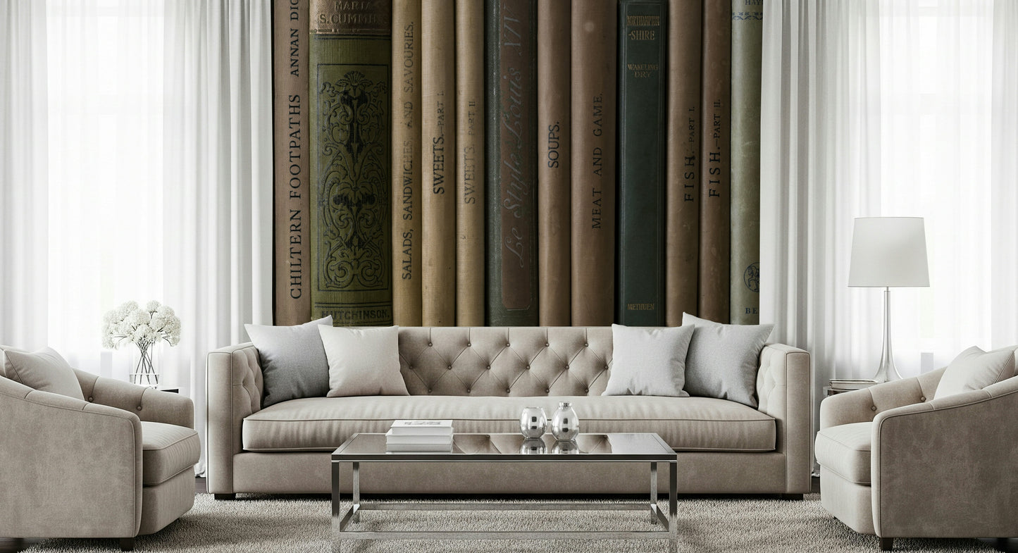 Classic book spine mural highlighting faded titles and vintage textures in warm, muted colors.