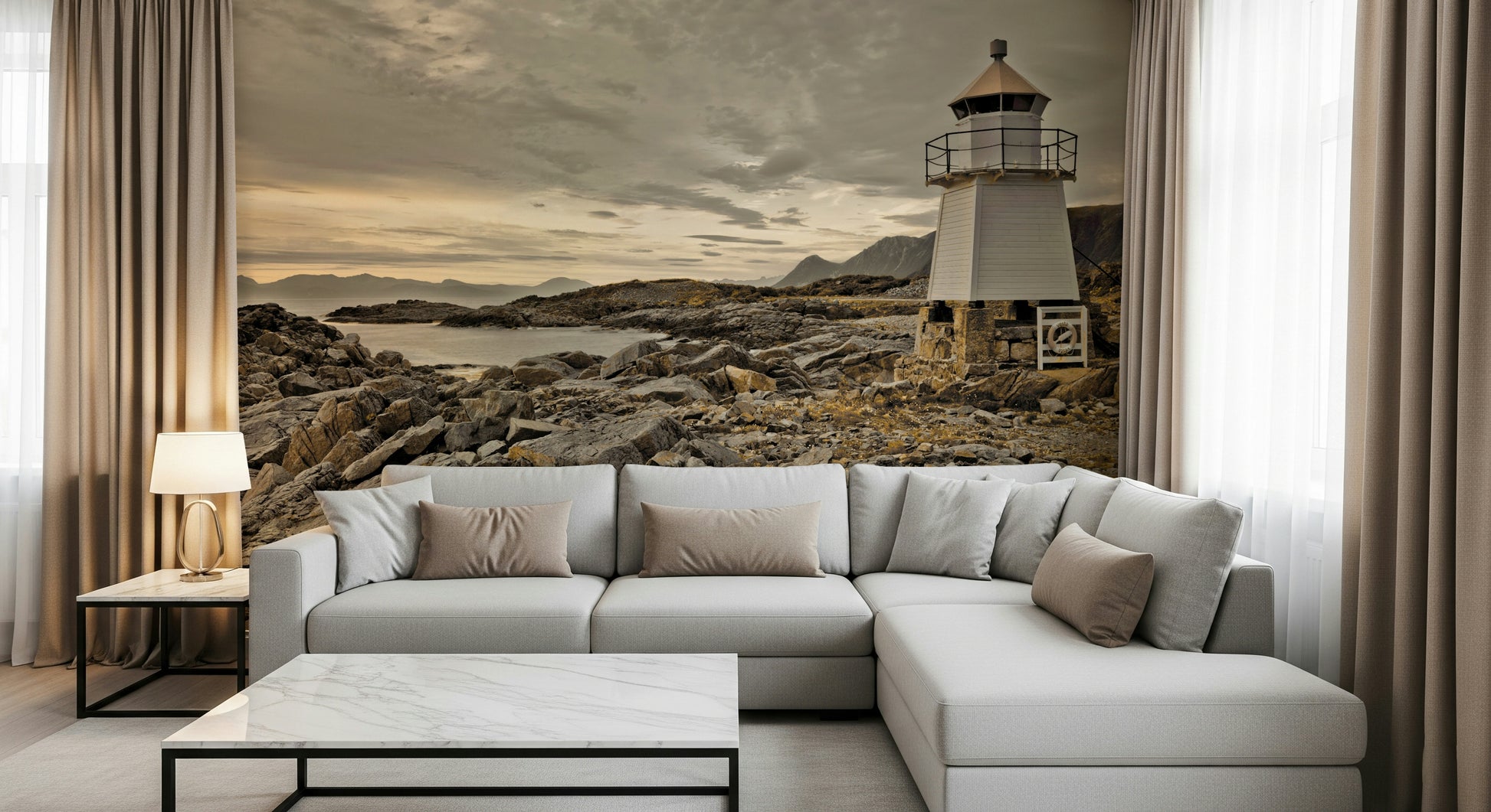 Lighthouse mural featuring a quiet coastal scene framed by mountains and drifting clouds.