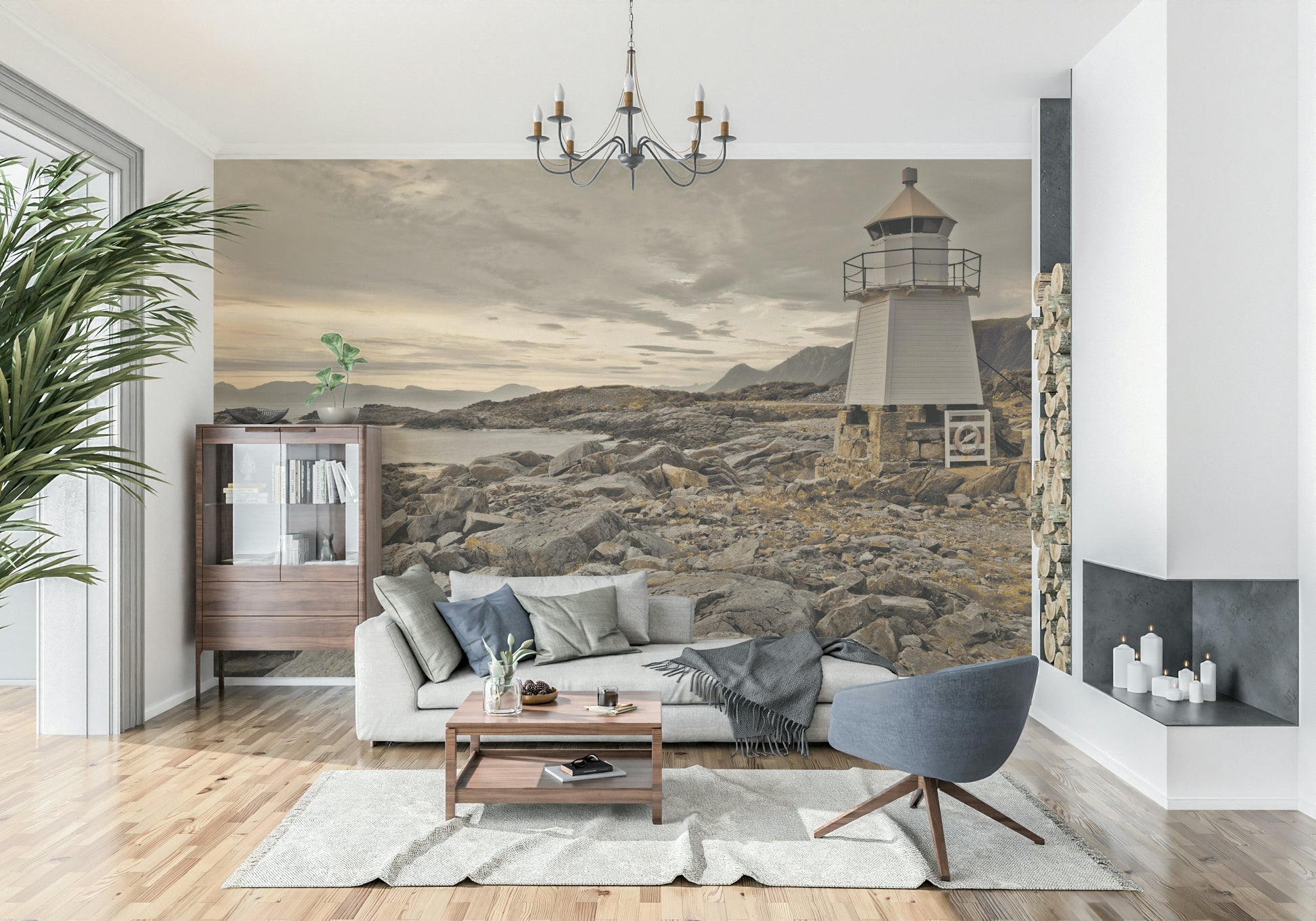 Coastal mural showcasing a lighthouse standing watch over rugged rocks and calm ocean waters.