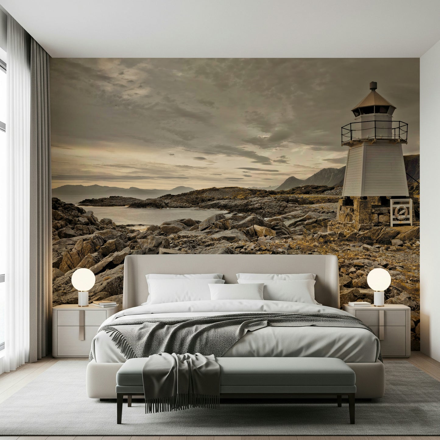 Nature wall mural depicting a lighthouse guarding a windswept rocky shoreline at dusk.