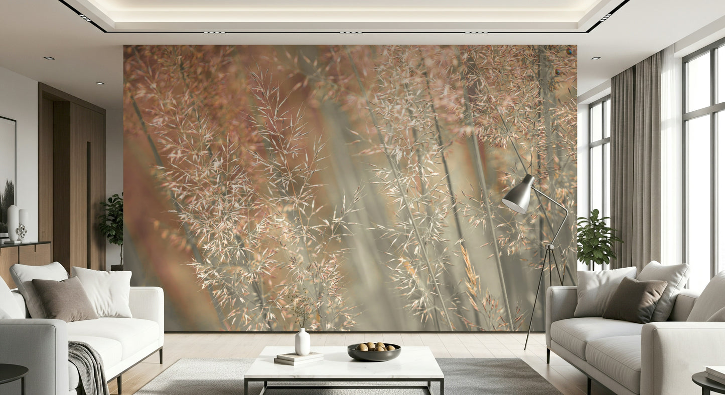 Serene nature mural with delicate fountain grass blowing softly in the breeze.