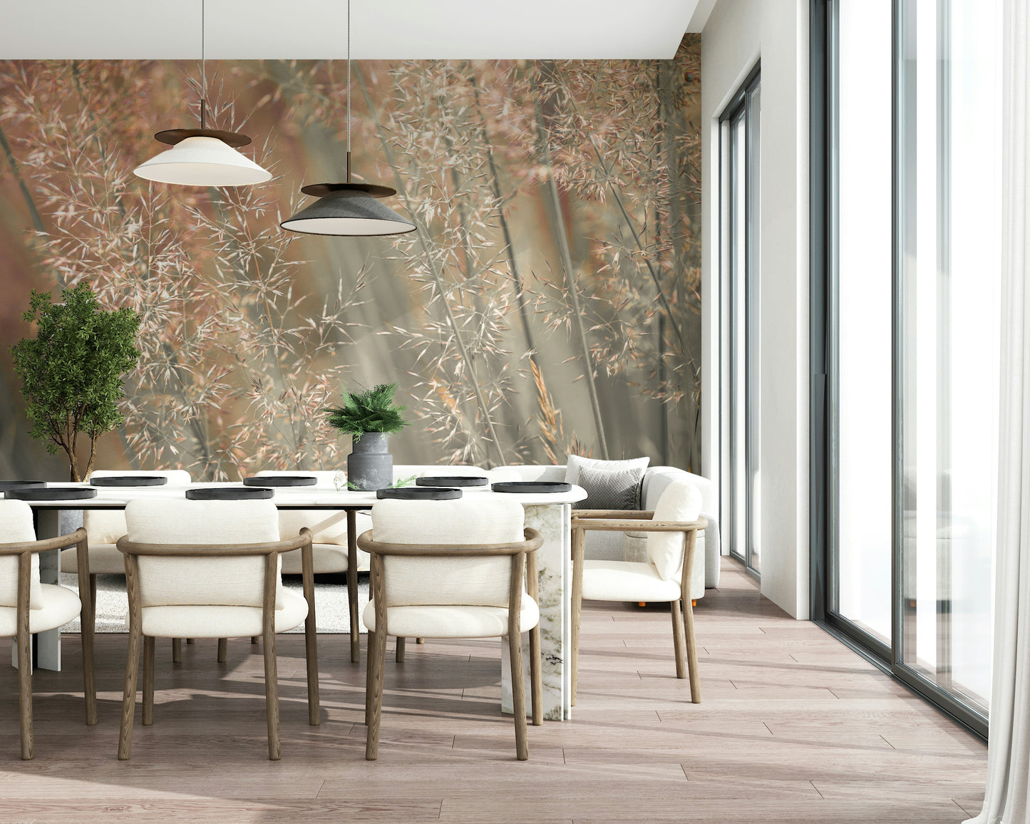 Botanical mural showcasing tall fountain grass with feathery plumes in gentle earthy tones.